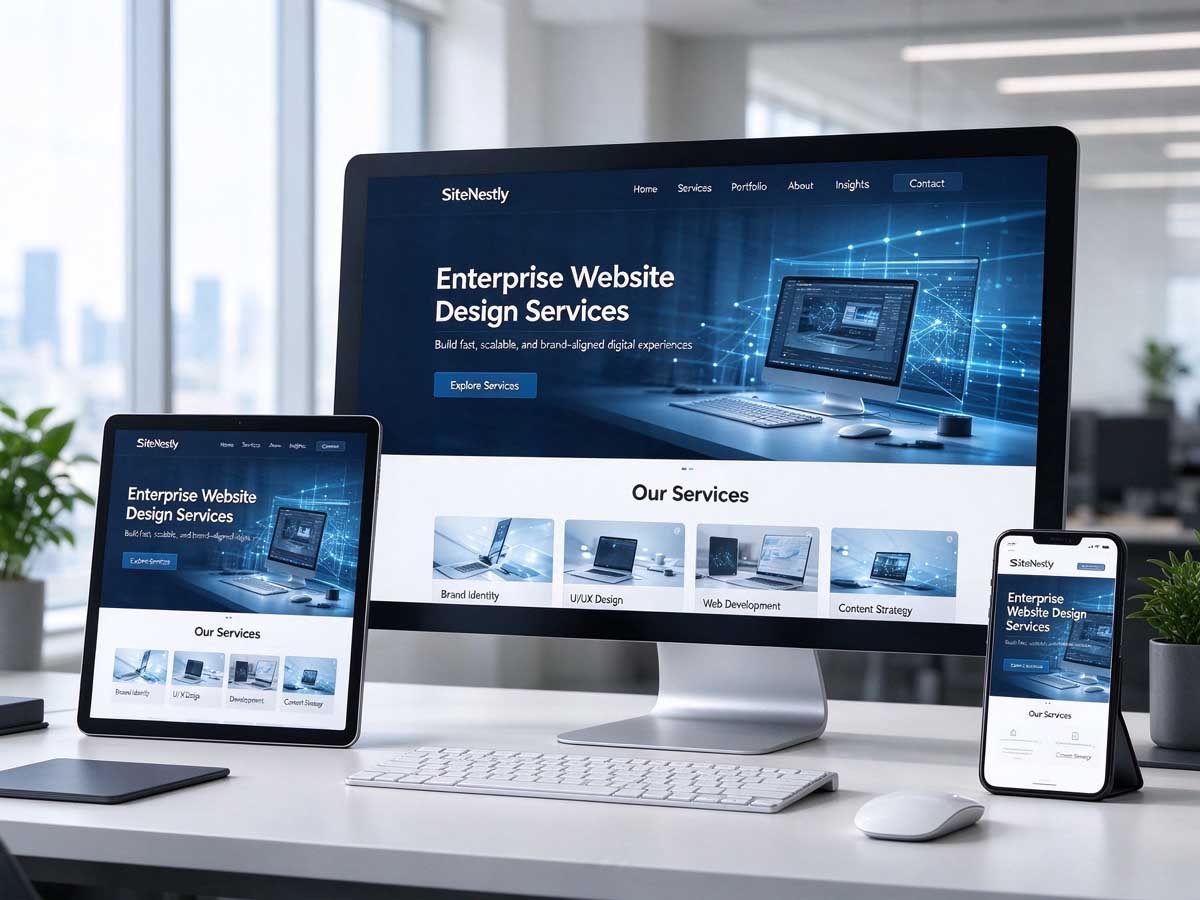 Responsive business website design shown across desktop, tablet, and smartphone screens