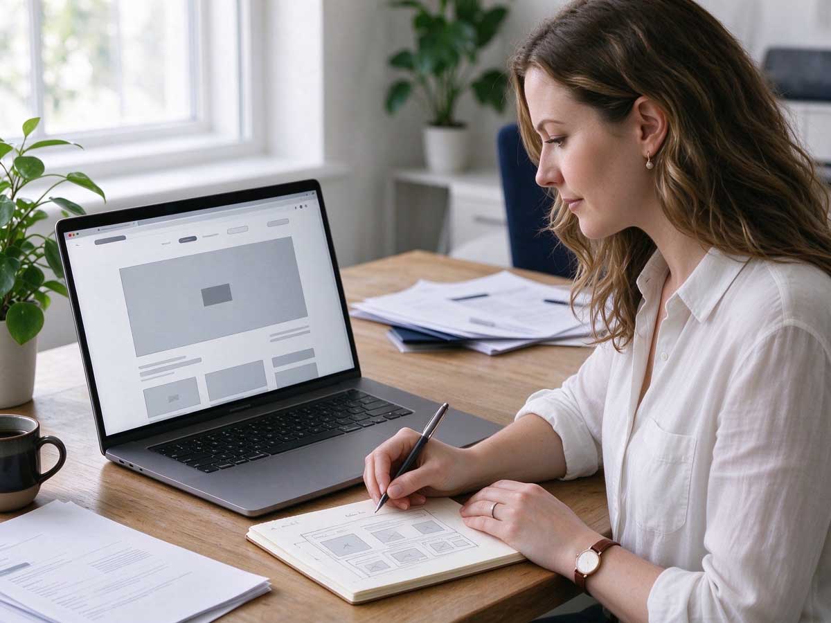 Small business website planning with a laptop, notebook and website layout sketches