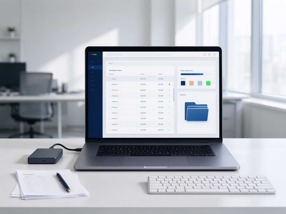 Laptop and external storage equipment representing website backup and data protection