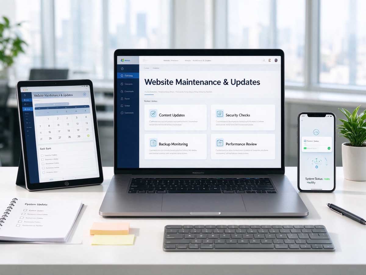 Website professional reviewing site updates on a laptop in a modern office